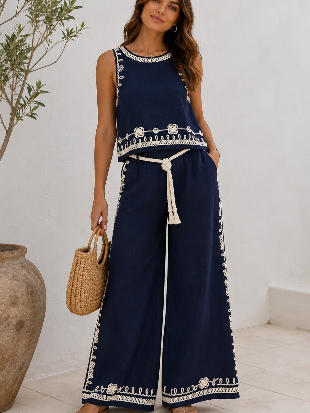 Navy Embroidered Two-Piece Set | Sleeveless Top & Wide-Leg Maison d'Amélie Paris